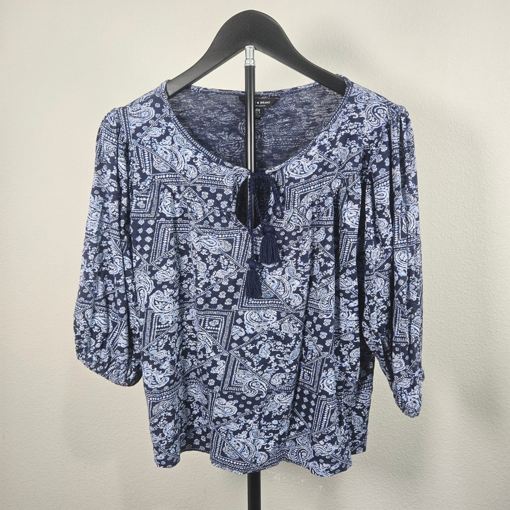 Lucky Brand‎ Peasant Top Womens Medium Blue Paisley Tassel Boho Aesthetic